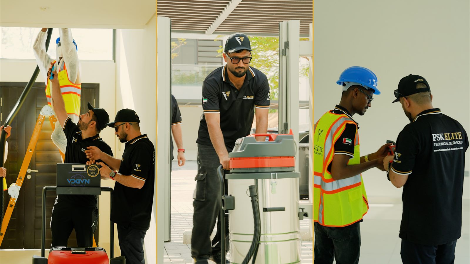 FSK Elite AC technicians and duct cleaning equipment at a Dubai home