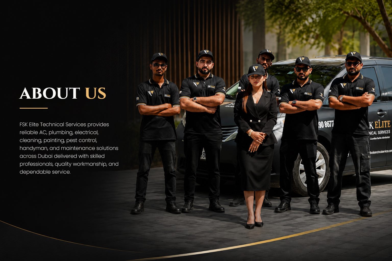 FSK Elite Technical Services team with branded maintenance vehicle in Dubai